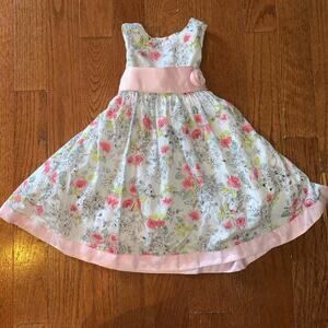 Girls Camilla satin rosette Pink Watercolor Florals Pink Banding Full Dress